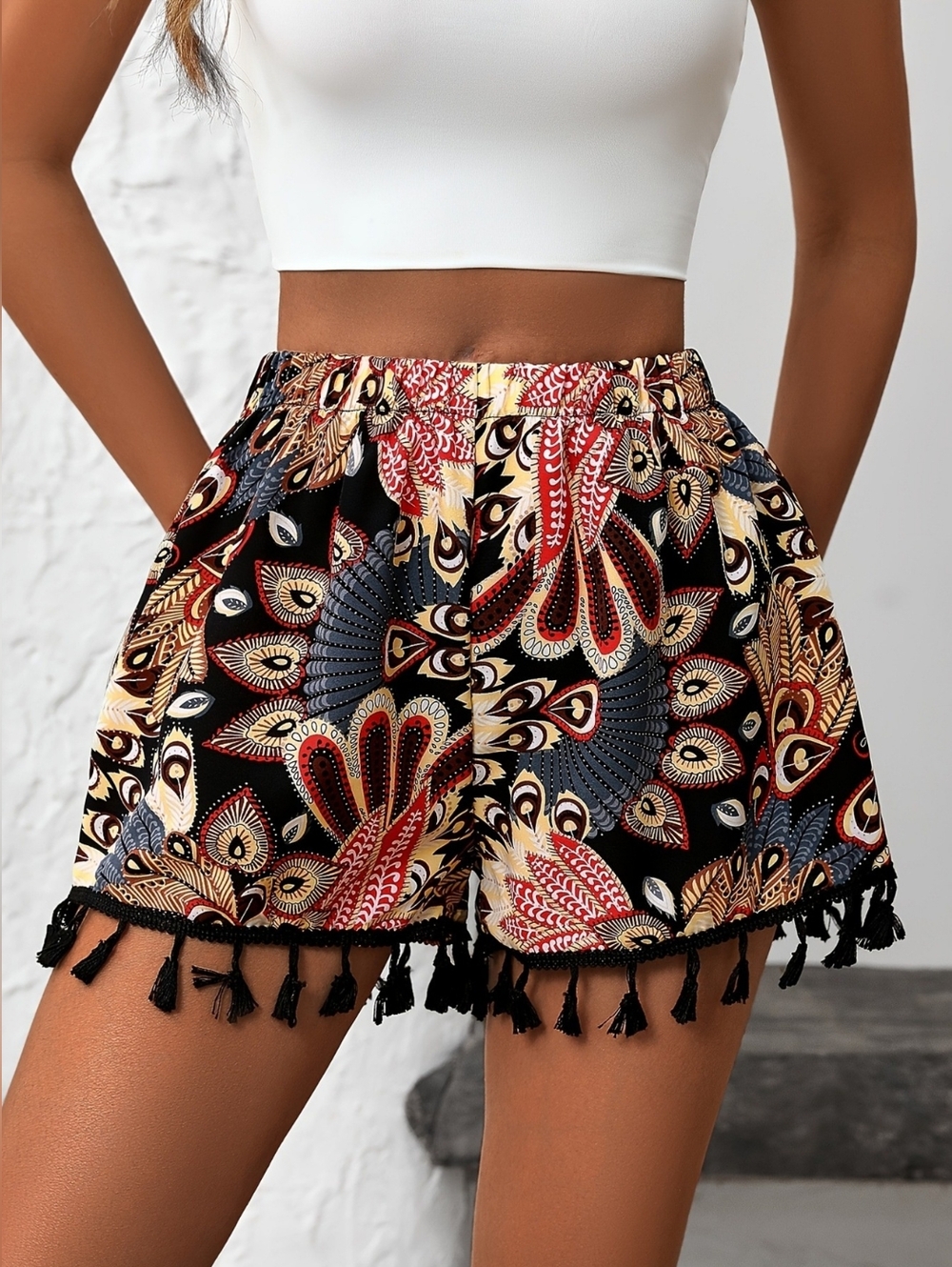 Boho Paisley Tassel Hem Elastic-Waist Shorts - Black- Full & Plus Sizes - Picture 6 of 10